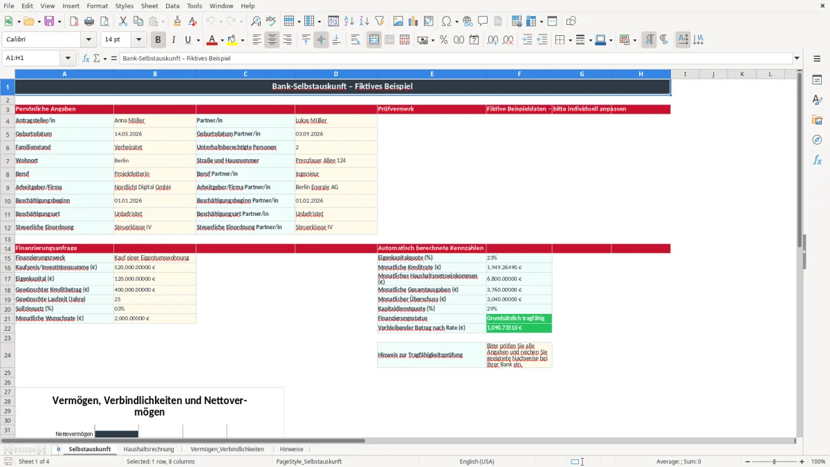 Screenshot 1: Arbeitsblatt Selbstauskunft - Excel-Vorlage selbstauskunft bank excel