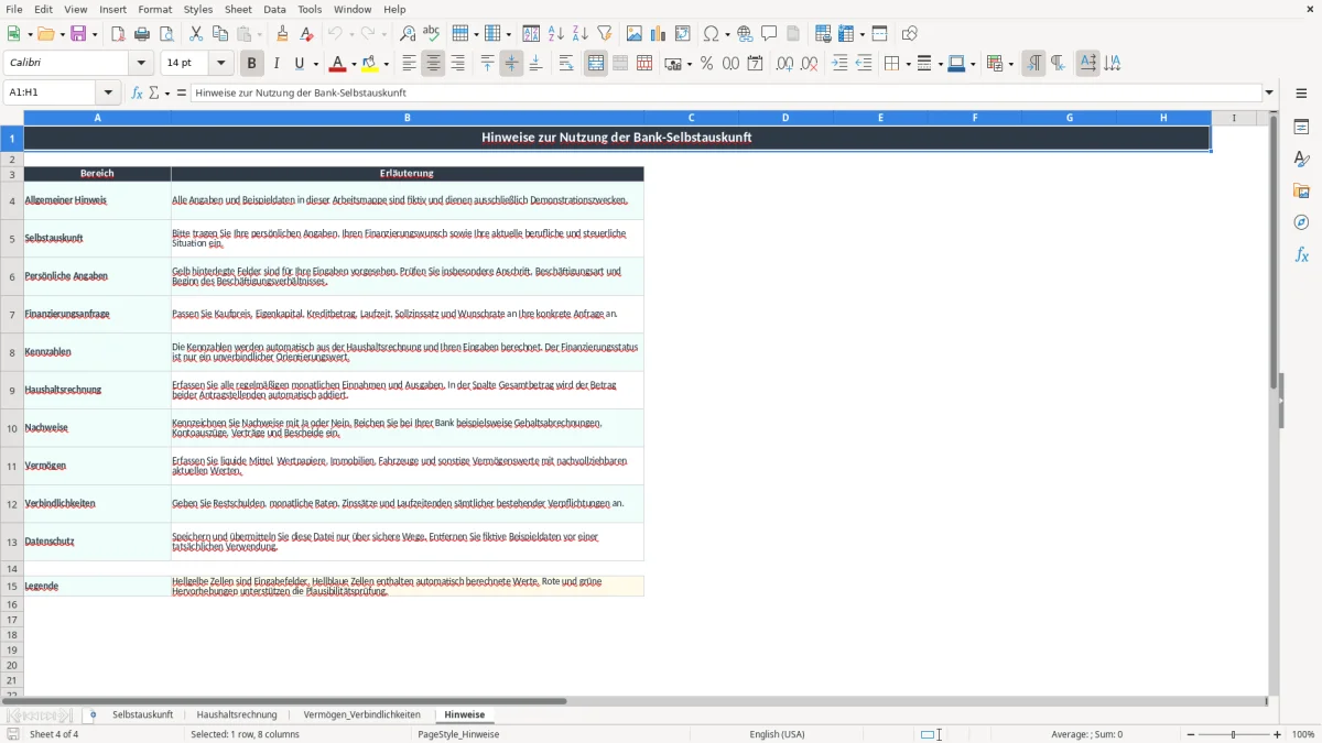 Screenshot 4: Arbeitsblatt Hinweise - Excel-Vorlage selbstauskunft bank excel