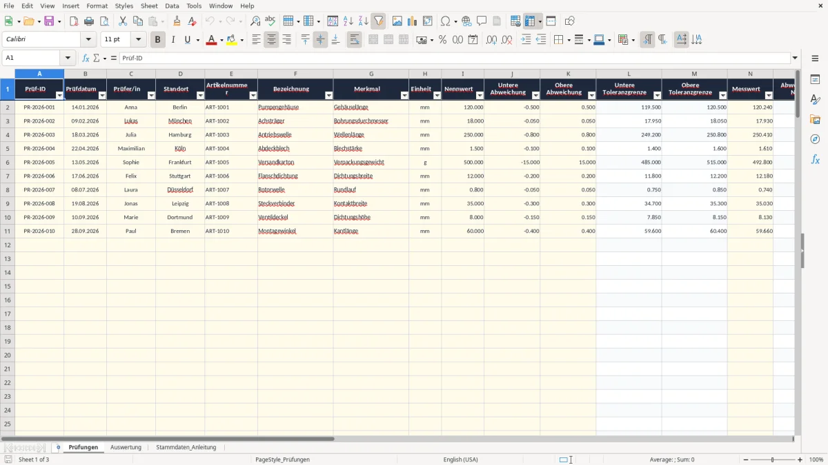 Screenshot 1: Arbeitsblatt Prüfungen - Excel-Vorlage toleranzrechner excel