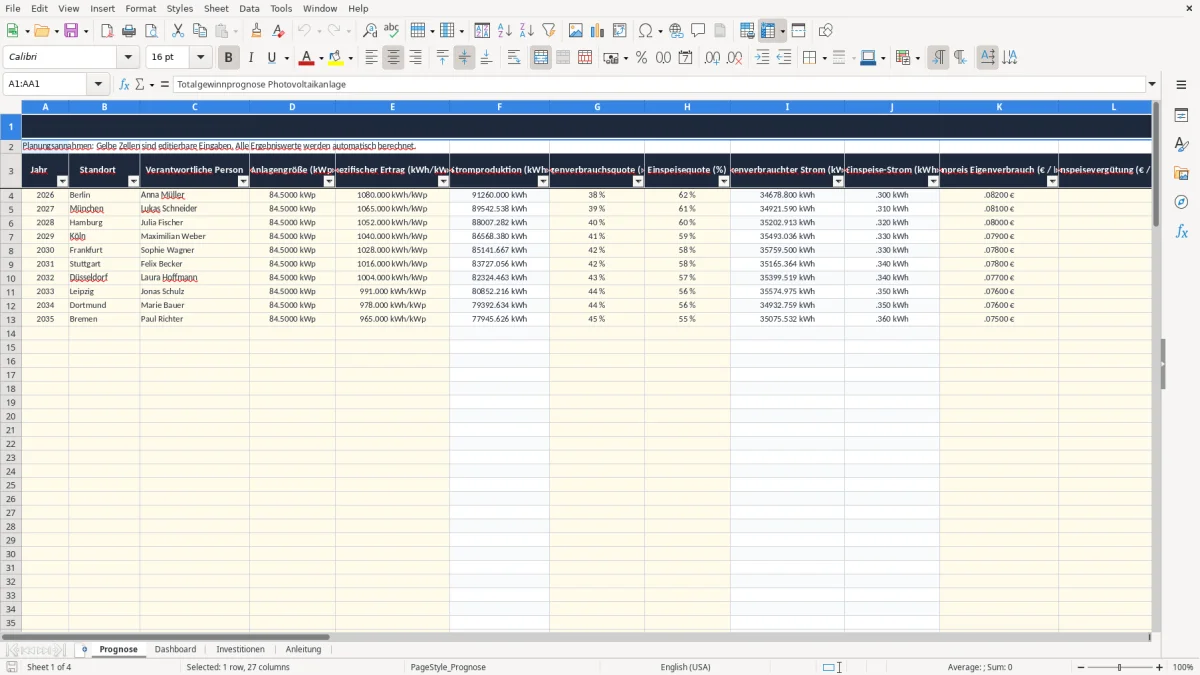 Screenshot 1: Arbeitsblatt Prognose - Excel-Vorlage totalgewinnprognose photovoltaik excel