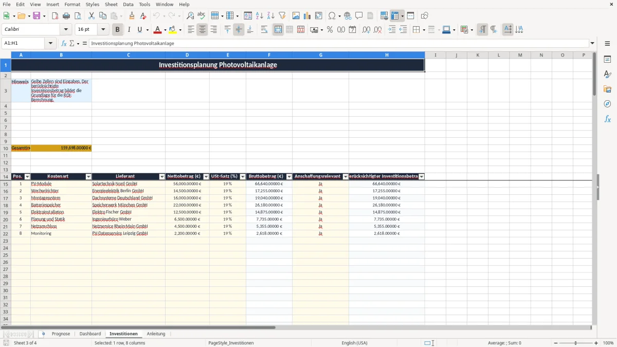 Screenshot 3: Arbeitsblatt Investitionen - Excel-Vorlage totalgewinnprognose photovoltaik excel