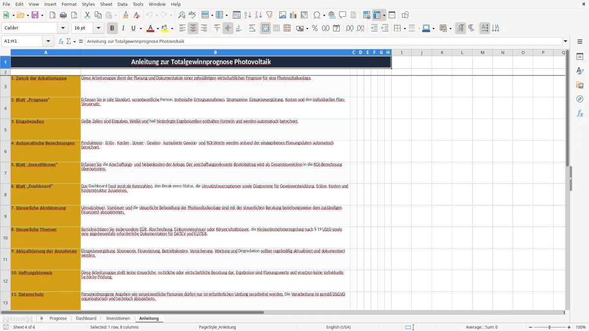 Screenshot 4: Arbeitsblatt Anleitung - Excel-Vorlage totalgewinnprognose photovoltaik excel