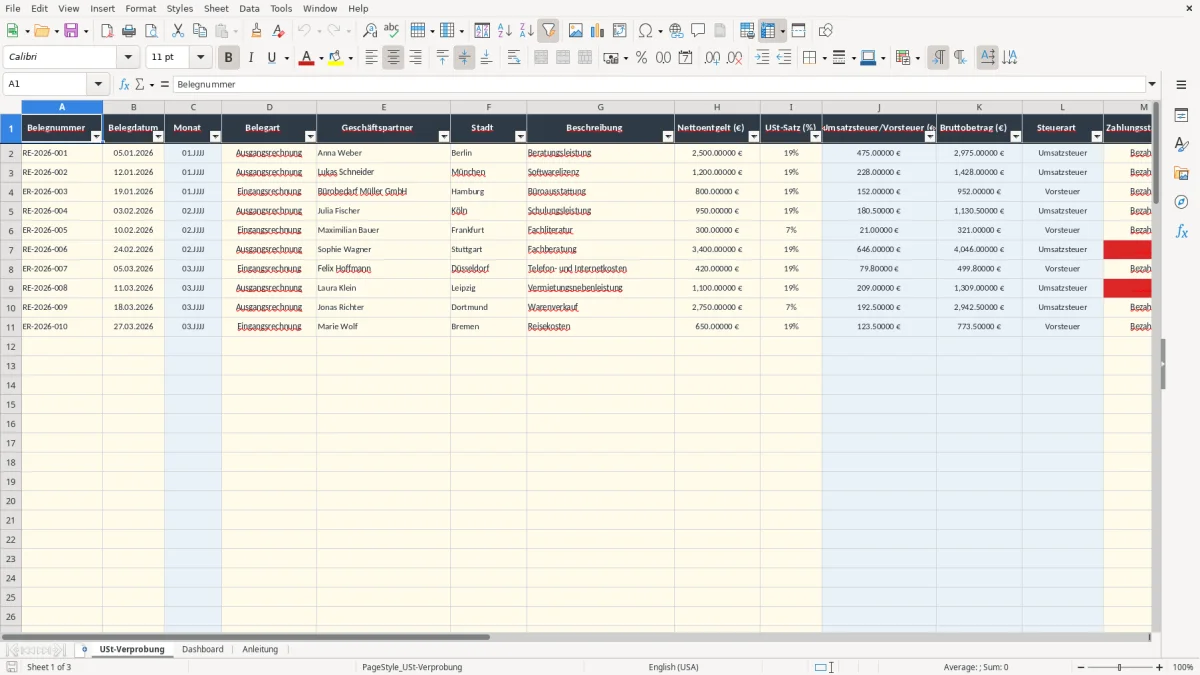 Screenshot 1: Arbeitsblatt USt-Verprobung - Excel-Vorlage umsatzsteuerverprobung excel