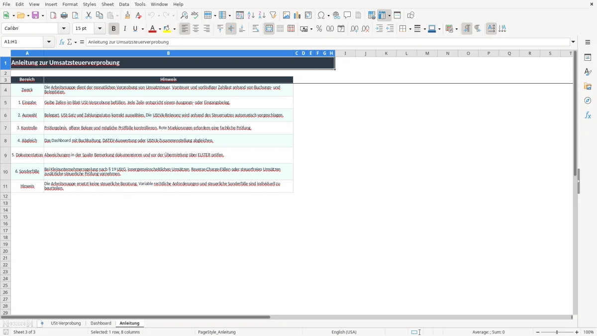 Screenshot 3: Arbeitsblatt Anleitung - Excel-Vorlage umsatzsteuerverprobung excel