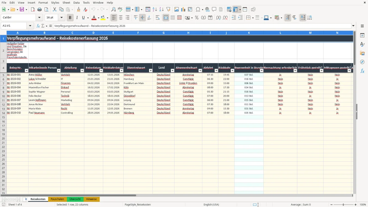 Screenshot 1: Arbeitsblatt Reisekosten - Excel-Vorlage verpflegungsmehraufwand excel