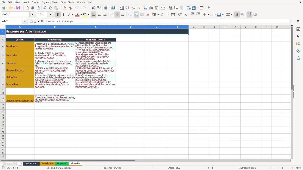 Screenshot 4: Arbeitsblatt Hinweise - Excel-Vorlage verpflegungsmehraufwand excel