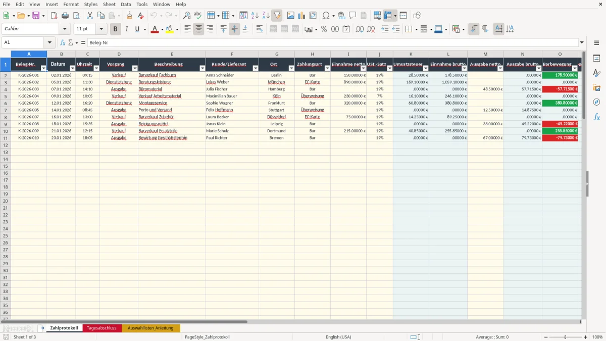 Screenshot 1: Arbeitsblatt Zahlprotokoll - Excel-Vorlage zahlprotokoll kasse excel