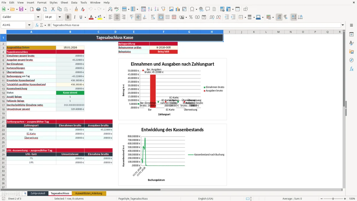 Screenshot 2: Arbeitsblatt Tagesabschluss - Excel-Vorlage zahlprotokoll kasse excel